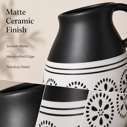 Black and White Ceramic Pitcher Vase, Large Farmhouse Decorative Vase for Pampas Grass, Dried Flowers, Table Centerpiece, Living Room, Entryway Decor in Saudi Arabia
