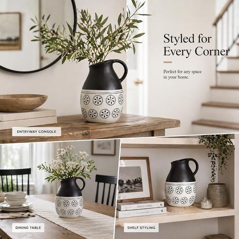Black and White Ceramic Pitcher Vase, Large Farmhouse Decorative Vase for Pampas Grass, Dried Flowers, Table Centerpiece, Living Room, Entryway Decor in Saudi Arabia