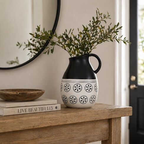 Black and White Ceramic Pitcher Vase, Large Farmhouse Decorative Vase for Pampas Grass, Dried Flowers, Table Centerpiece, Living Room, Entryway Decor in Saudi Arabia