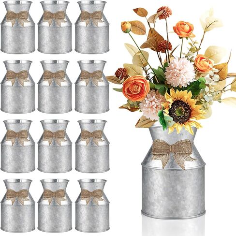 Cinrobiye 12 Set Farmhouse Metal Flower Vase Decor Rustic Galvanized Milk Can Jug Vase with Twine Burlap Bow Vintage Tin Flower Buckets for Floral Table Centerpiece Weddings Decor (12, Metallic) in Kuwait