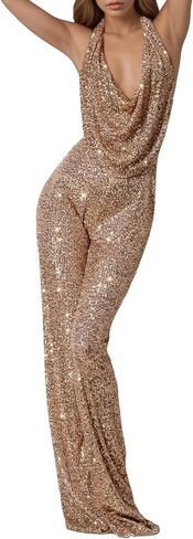 Women Sparkly Sequin Jumpsuit Halter Cowl Neck One Piece Outfits Backless Wide Leg Pants Beach Romper in Saudi Arabia