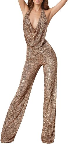 Women Sparkly Sequin Jumpsuit Halter Cowl Neck One Piece Outfits Backless Wide Leg Pants Beach Romper in Saudi Arabia