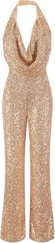 Women Sparkly Sequin Jumpsuit Halter Cowl Neck One Piece Outfits Backless Wide Leg Pants Beach Romper in Saudi Arabia