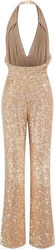 Women Sparkly Sequin Jumpsuit Halter Cowl Neck One Piece Outfits Backless Wide Leg Pants Beach Romper in Saudi Arabia