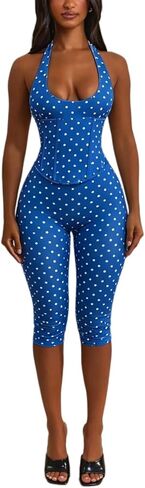 Jumpsuits for Women Sexy Polka Dot Halter Jumpsuit Bodycon Capri Pants with Corset Waist Sets Club Outfits in Saudi Arabia