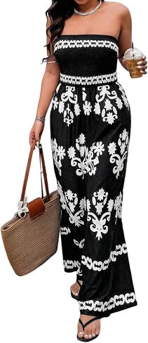 Women's Plus Size Boho Print Tube Top Jumpsuits Strapless Shirred Wide Leg Summer Vacation Rompers in Kuwait