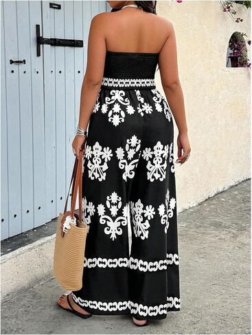 Women's Plus Size Boho Print Tube Top Jumpsuits Strapless Shirred Wide Leg Summer Vacation Rompers in Kuwait