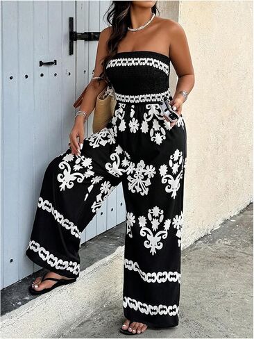 Women's Plus Size Boho Print Tube Top Jumpsuits Strapless Shirred Wide Leg Summer Vacation Rompers in Kuwait
