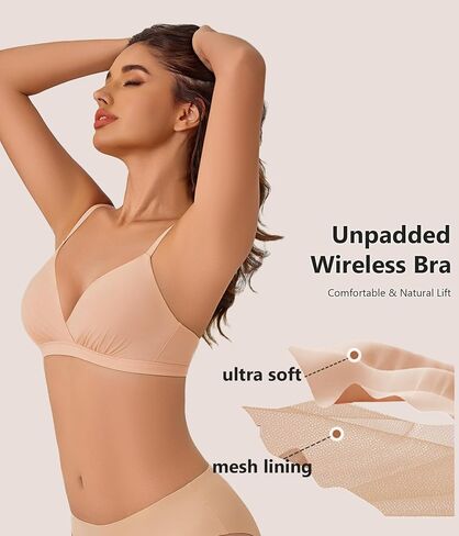 Avidlove Wireless Triangle Bralettes for Women Deep V Unpadded Bras Stretchy Double Layer Tshirt Bralette Nude Medium in Kuwait
