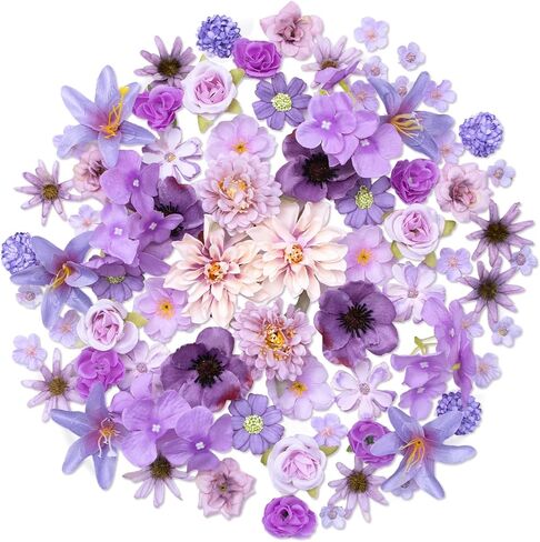 Faux Flower Heads Mini Purple Artificial Flower Heads Fake Flowers Combo with Stems Rose Peony Dahlia Daisy Small Silk Flower Heads for Craft DIY Garland Wedding Party Baby Shower Home Decor, 80Pcs in Kuwait