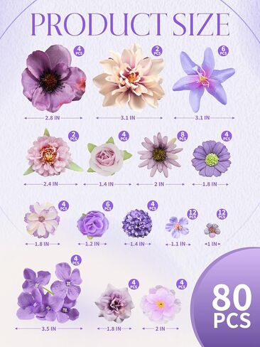 Faux Flower Heads Mini Purple Artificial Flower Heads Fake Flowers Combo with Stems Rose Peony Dahlia Daisy Small Silk Flower Heads for Craft DIY Garland Wedding Party Baby Shower Home Decor, 80Pcs in Kuwait