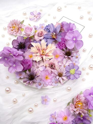 Faux Flower Heads Mini Purple Artificial Flower Heads Fake Flowers Combo with Stems Rose Peony Dahlia Daisy Small Silk Flower Heads for Craft DIY Garland Wedding Party Baby Shower Home Decor, 80Pcs in Kuwait