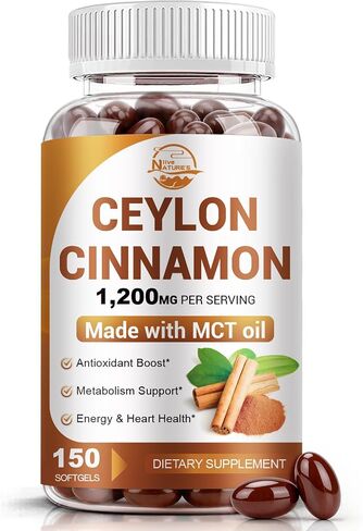 Nature's live Ceylon Cinnamon Supplement with MCT Oil, 1200mg Max Strength per Serving, Energy & Metabolism Support for Men & Women, Antioxidant and Sugar Monitor Support, Non-GMO, 150 Softgels in Kuwait
