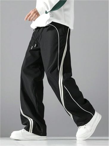VIPWOLF Men's Baggy Pants Drawstring Elastic Waist Wide Leg Streetwear Parachute Side Striped Casual Workout Track Pants in Kuwait