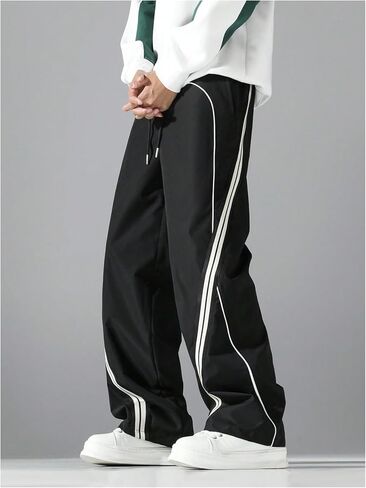 VIPWOLF Men's Baggy Pants Drawstring Elastic Waist Wide Leg Streetwear Parachute Side Striped Casual Workout Track Pants in Kuwait
