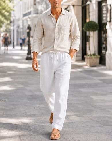 2026 Men's Linen Casual Pants Summer Beach Pants Elastic Waistband Drawstring Design Lightweight Travel Pants with Pockets in Kuwait