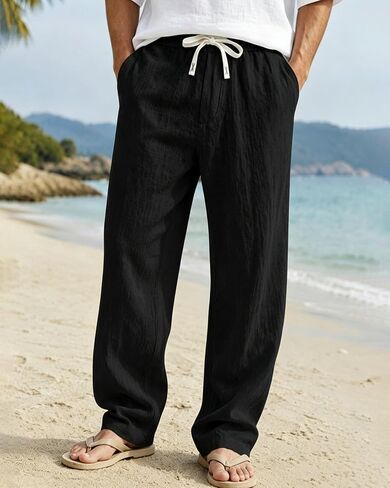 2026 Men's Linen Casual Pants Summer Beach Pants Elastic Waistband Drawstring Design Lightweight Travel Pants with Pockets in Kuwait