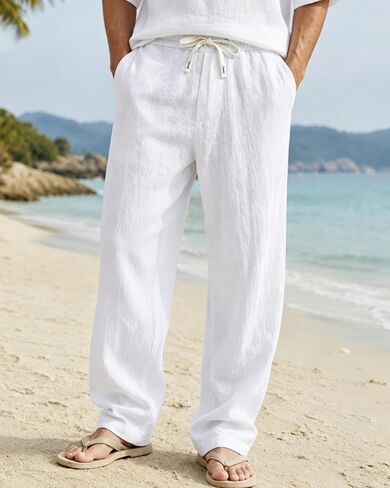 2026 Men's Linen Casual Pants Summer Beach Pants Elastic Waistband Drawstring Design Lightweight Travel Pants with Pockets in Kuwait