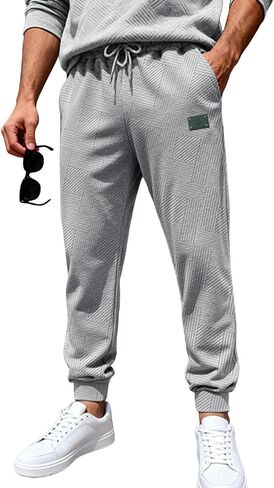 Mens Casual Joggers Textured Tapered Pants with Elastic Drawstring Waist and Pockets for Daily Wear in Saudi Arabia