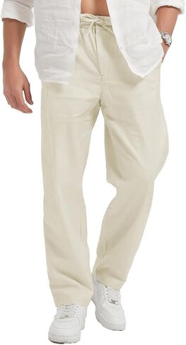 Men's Cotton Linen Blend Pants,Regular Fit,Elastic Drawstring Waist Casual Pants with Pockets White Color in Saudi Arabia