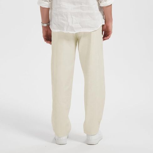 Men's Cotton Linen Blend Pants,Regular Fit,Elastic Drawstring Waist Casual Pants with Pockets White Color in Saudi Arabia