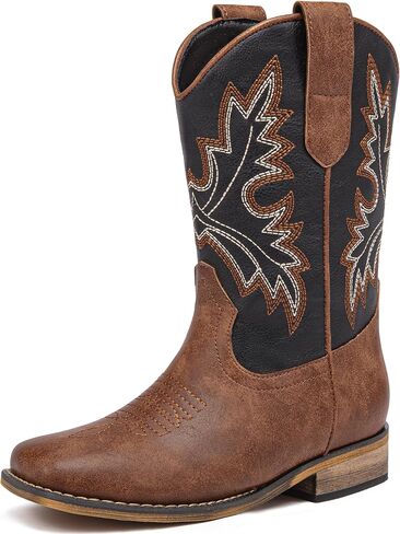 Dufannie Boys Cowboy Boots Kids Western Boots Embroidered Wide Mid Calf Square Toe Horse Riding Shoes for Toddler Little Big Kids in Saudi Arabia