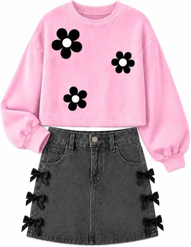 Girls 2 Piece Outfits Flower Sweatshirt and Bow Denim Skirt Set in Saudi Arabia
