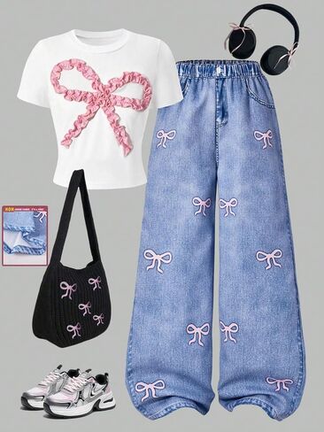 Girls' 2-piece set: White tee with 3D pink bows and light blue denim-style wide-leg pants. in Kuwait