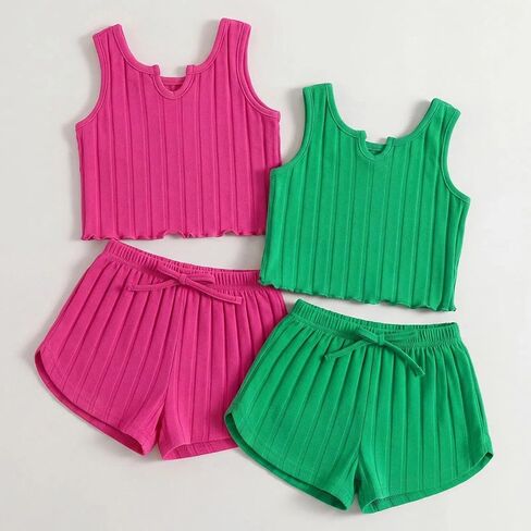 Girls Outfit 4 Piece Shorts Set Ribbed Vest Sleeveless Crop Top with Elastic Waist Bow Shorts Summer Casual in Kuwait
