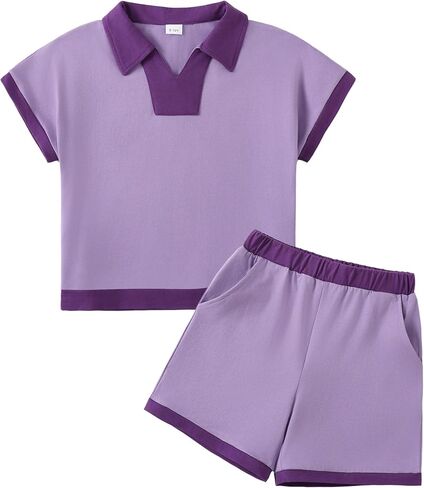 GEMLON Girls' Clothing Sets Colorblock Short Sleeve V Neck Tops and Shorts with Pockets Two Piece Short Sets 5-14 Years in Saudi Arabia