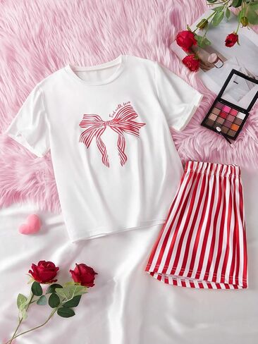 Girls' summer fashion casual two-piece home outfit, bow print round neck short sleeved top+striped shorts set in Kuwait