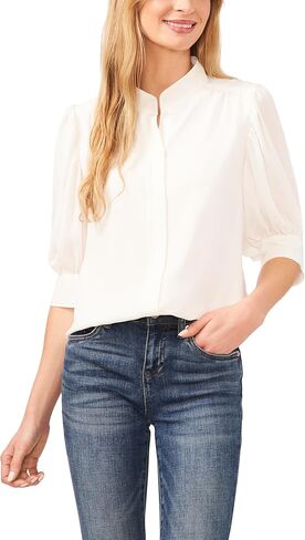 CeCe Women's Open Collar Short Sleeve Top with Hidden Placket in Kuwait