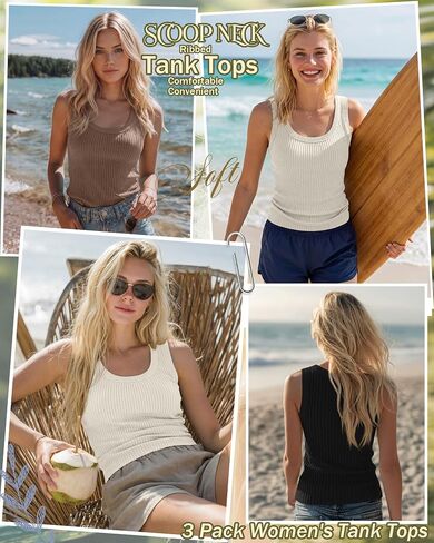 3 Pack Women's Cotton Tanks Ribbed Scoop Neck Sleeveless Shirts Thick Strap Slim Fitted Summer Casual Tee Tops in Kuwait