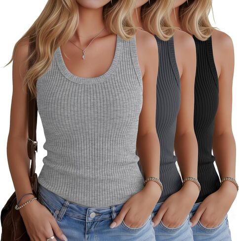 3 Pack Women's Cotton Tanks Ribbed Scoop Neck Sleeveless Shirts Thick Strap Slim Fitted Summer Casual Tee Tops in Kuwait