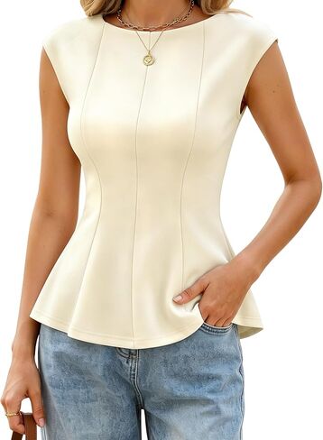 Peplum Tops for Women - Slim Fit Cap Sleeve Business Casual Outfits Summer Sleeveless Blouse for Office Work in Saudi Arabia