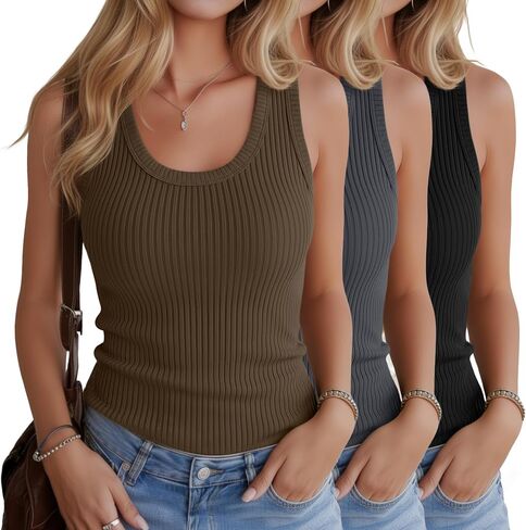 3 Pack Women's Cotton Tanks Ribbed Scoop Neck Sleeveless Shirts Thick Strap Slim Fitted Summer Casual Tee Tops in Kuwait
