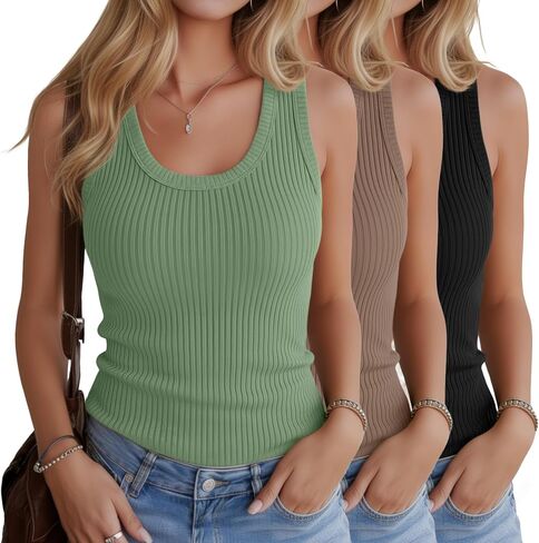 3 Pack Women's Cotton Tanks Ribbed Scoop Neck Sleeveless Shirts Thick Strap Slim Fitted Summer Casual Tee Tops in Kuwait