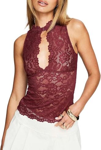 Women Sheer Lace Tank Top Sleeveless Keyhole Cut Out Going Out Crop Tops Coquette See Through Fitted Blouse in Saudi Arabia