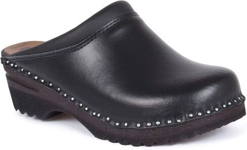 Troentorp Clogs Monet Bastad Slip On Closed Toe Non Slip Womens Leather Wooden Nursing Chef Work Swedish Clogs - Black in Saudi Arabia