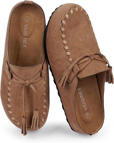 VIUGJNEX Tassel Fringe Clogs for Women Comfortable Footbed Slip-on Mules Loafers Round Toe Faux Suede Potato Shoes with Arch Support Work Dress Business Walking Casual Womens Shoes in Saudi Arabia