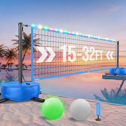 Pool Volleyball Net Set – Adjustable 15ft-32ft Length & Height, LED Net, 2 Volleyballs (Standard & Glow-in-The-Dark), 45L Weighted Base, for Family Fun, Pool & Party Games in Kuwait