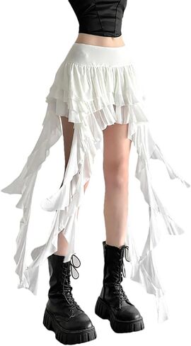 Womens Cute Low Waist Ruffle Mini Skirt Layered Ruffle Asymmetrical Flowy Casual Dance Rave Mini Short Skirt in Saudi Arabia