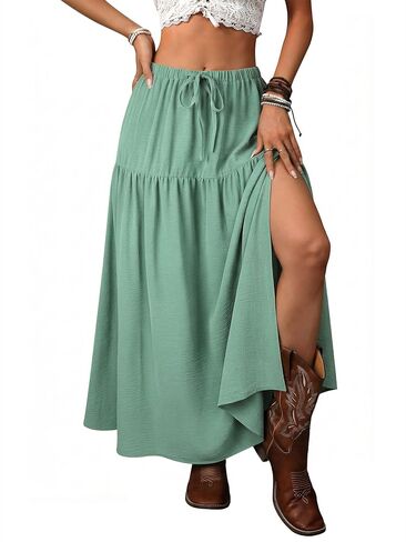 Ezcosplay Women Western Maxi Skirt with Slit High Waist Boho Long Skirt with Pockets Cowgirl Country Concert Outfits in Kuwait
