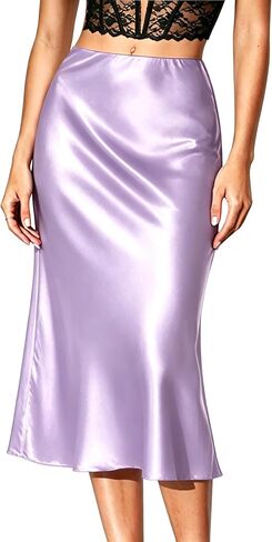 eoeoo Women's Satin Skirts A Line Hidden Elasticized Waistband Flowy Elegant Midi Skirt in Saudi Arabia