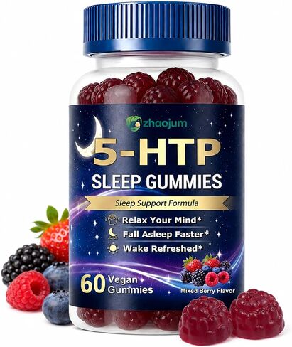 5HTP Sleep Gummies for Adults with Melatonin, L-Theanine and Magnesium, Sugar Free Calm Mood and Sleep Support Supplement, Helps Asleep Faster, Mixed Berry, 60 Count (Pack of 1) in Kuwait