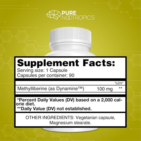 Pure Nootropics - Dynamine (Methylliberine: 1,7,9-tetramethyluric Acid) 100 mg Capsules (90) | Increased Energy, Focus & Alertness | in House & Rigorous 3rd Party Testing for Higher Purity & Potency in Saudi Arabia