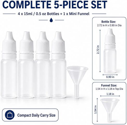 Adkoat® 5PCS - 4 Plastic Dropper Bottles with 1 Funnel - 15ml / 0.5oz Empty Refillable Squeeze Eye Liquid Bottle with Protective Cap - Leak-Proof BPA Free Small Travel Container for Saline Serums Oil in Saudi Arabia