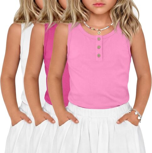 Xaatren 3 Pack Toddler Girls' Tank Tops Toddlers Sleeveless Undershirts Kids Three-Button Crew Neck Tops 18m-5t in Kuwait