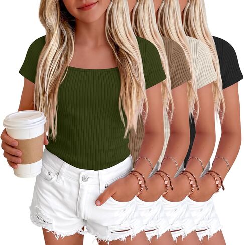 Oakgarden 4 Pack Girls Short Sleeve Shirts 5-14 Years Ribbed Square Neck Cap Sleeve Tops Slim Fit Multipack Basic Tees Summer in Kuwait