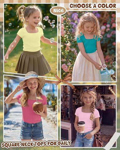 Oakgarden 4 Pack Girls Short Sleeve Shirts 5-14 Years Ribbed Square Neck Cap Sleeve Tops Slim Fit Multipack Basic Tees Summer in Kuwait
